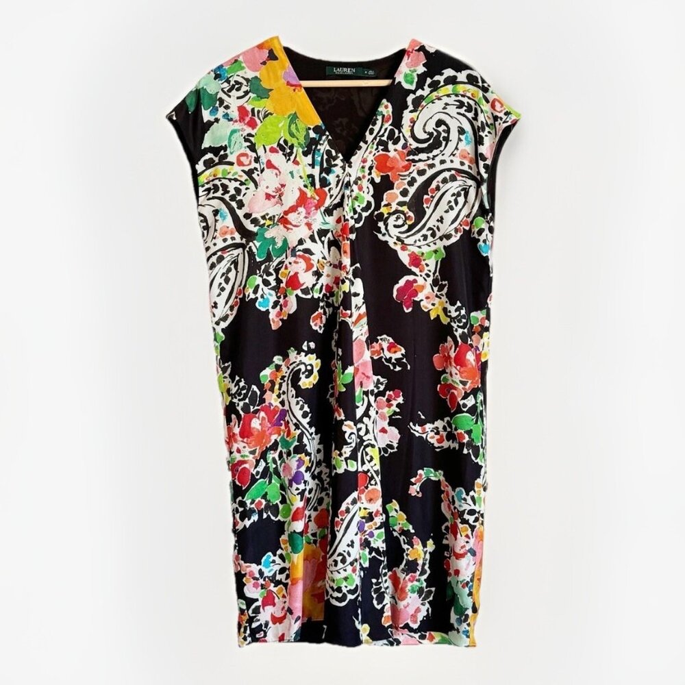 Lauren Ralph Lauren Womens Black Floral Paisley Shift Dress 8 Mature Cottagecore